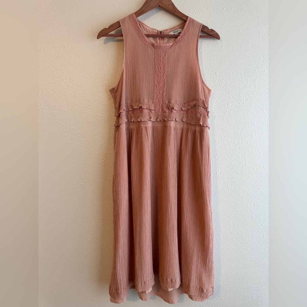 Madewell Cotton Silk Blend Frill Sleeveless Dress in pale terracotta rose pink